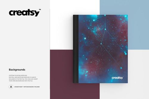 Fabric notebook mockup featuring a hardcover with a blue and purple galaxy pattern, shown on a multi-color surface.