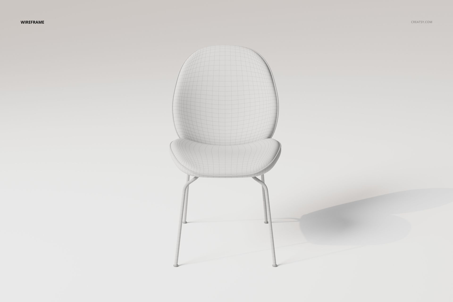 Front view of a beetle style dining chair 3D model in white wireframe, featuring rounded seat and backrest on slim legs.