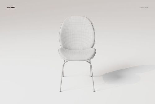 Front view of a beetle style dining chair 3D model in white wireframe, featuring rounded seat and backrest on slim legs.