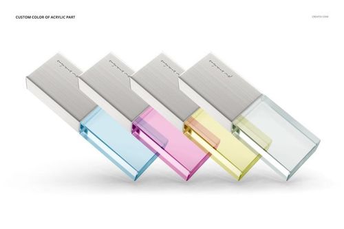 PSD mockup showing acrylic USB drives with metallic tops and transparent colored ends in a neat diagonal arrangement.
