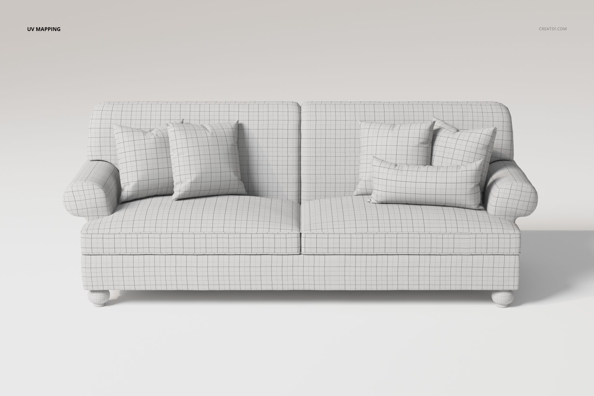 Front view of a retro style 2 seater sofa 3D model with grid pattern, featuring four matching cushions.