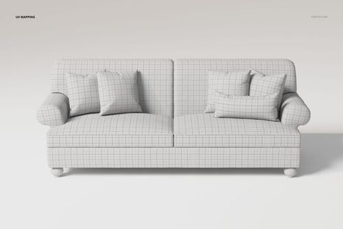 Front view of a retro style 2 seater sofa 3D model with grid pattern, featuring four matching cushions.