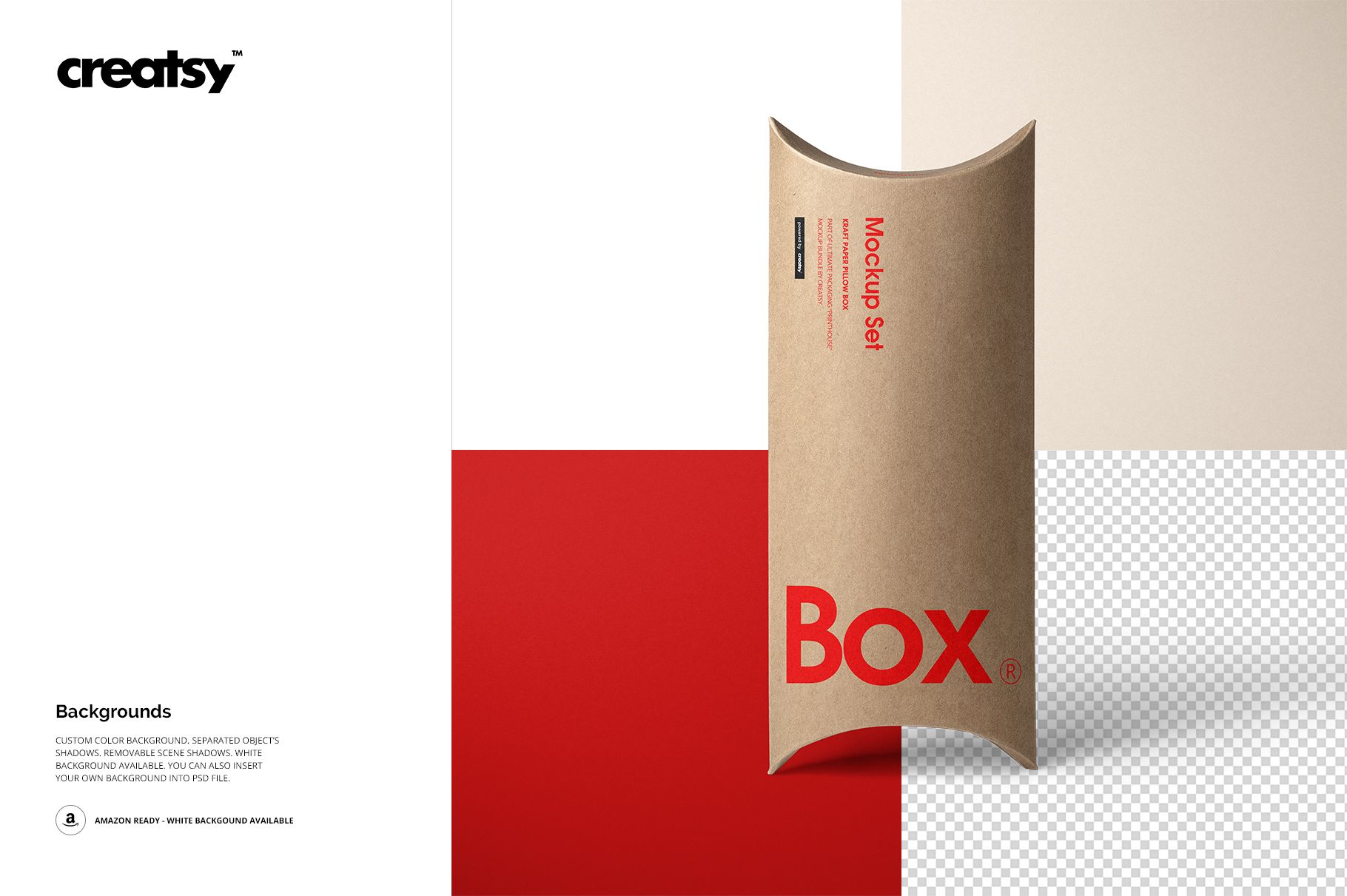 Front view of a kraft paper pillow box mockup with bold red text, set against a modern color-blocked background.