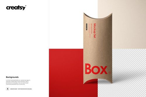 Front view of a kraft paper pillow box mockup with bold red text, set against a modern color-blocked background.