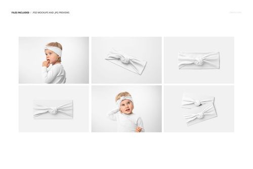 Kids adjustable twist knot headband mockup set featuring white headbands displayed on a child and flat surfaces.