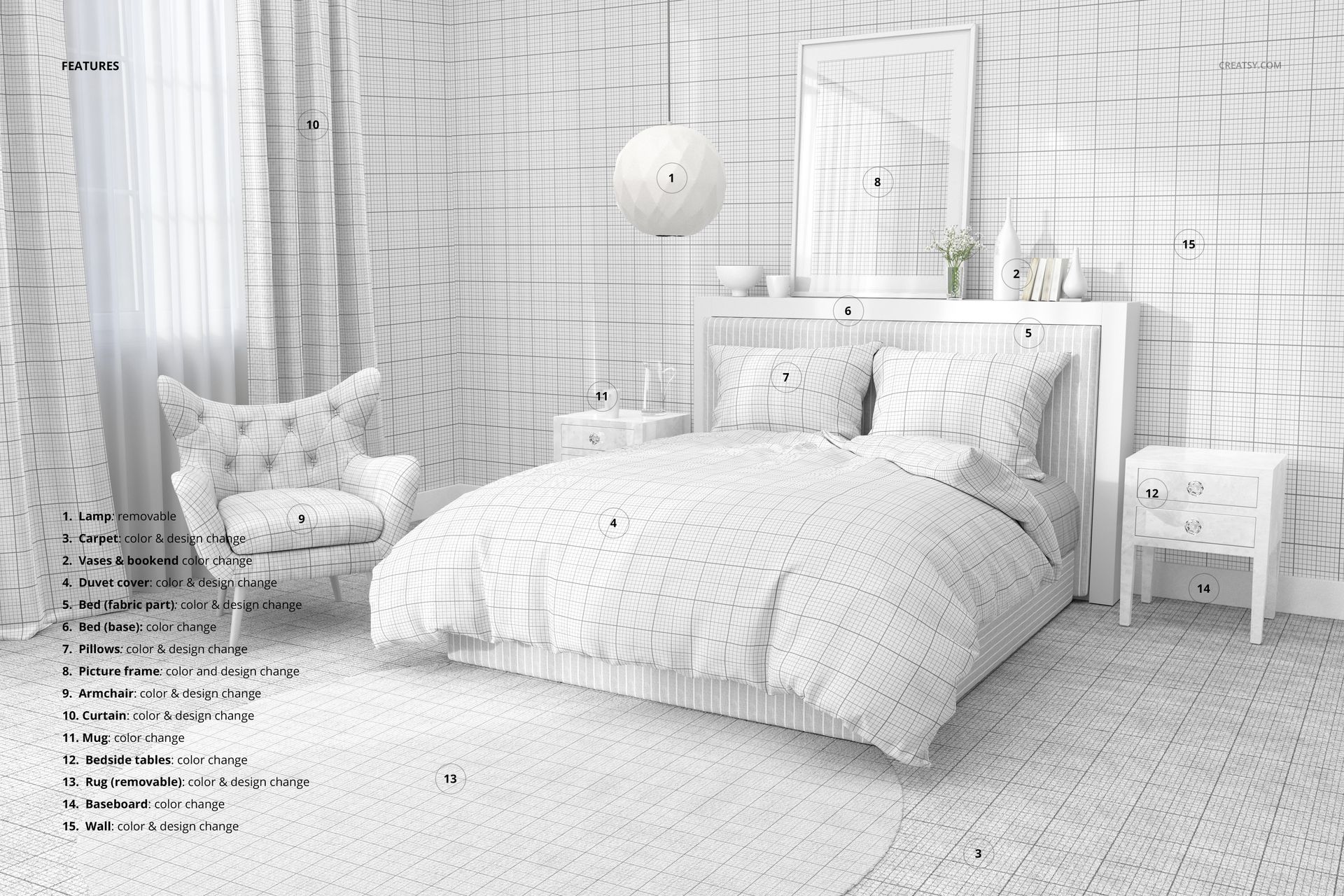 PSD mockup of a stylish bedroom interior showing a bed with grid-patterned bedding, pillows, and matching furniture.