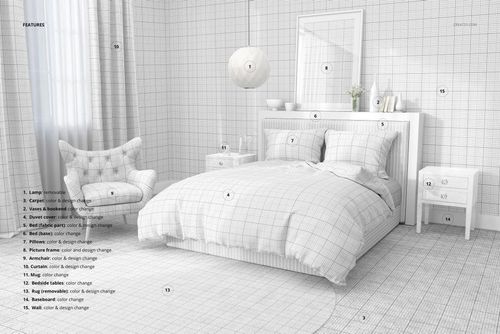 PSD mockup of a stylish bedroom interior showing a bed with grid-patterned bedding, pillows, and matching furniture.