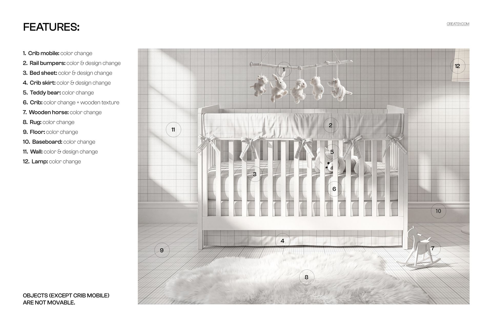 Front view of a nursery scene with a white crib, crib skirt, and rail cover mockup, surrounded by soft decor.