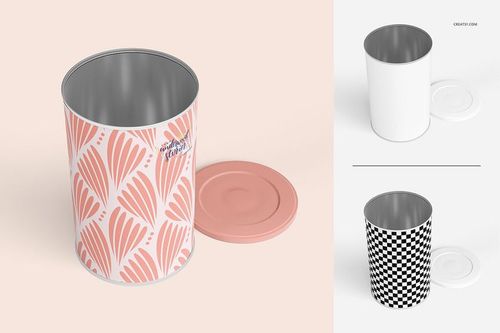 Tin canister mockup set featuring a cylindrical metal container with a removable lid, shown in various patterns and colors.