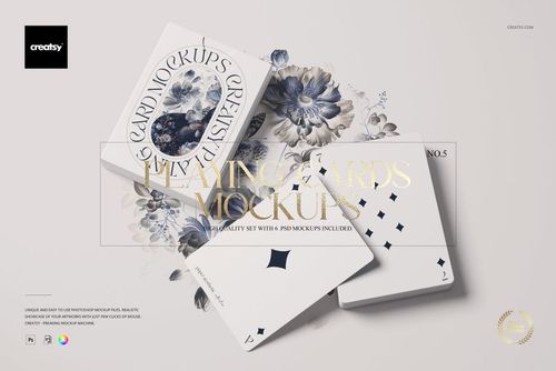Playing cards mockup set featuring three cards with floral and geometric designs, shown in a scattered arrangement on a light surface.