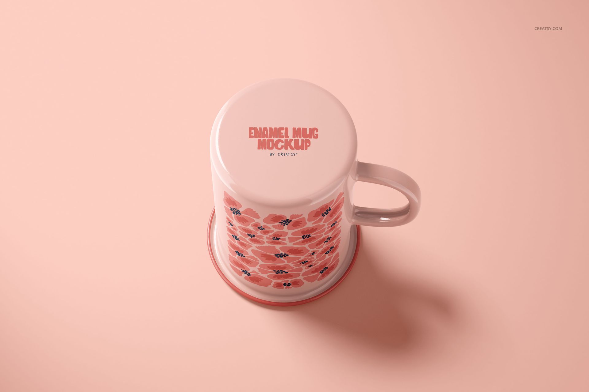 450ml enamel mug mockup featuring a pink and red flower design, shown from a top view on a light pink background.