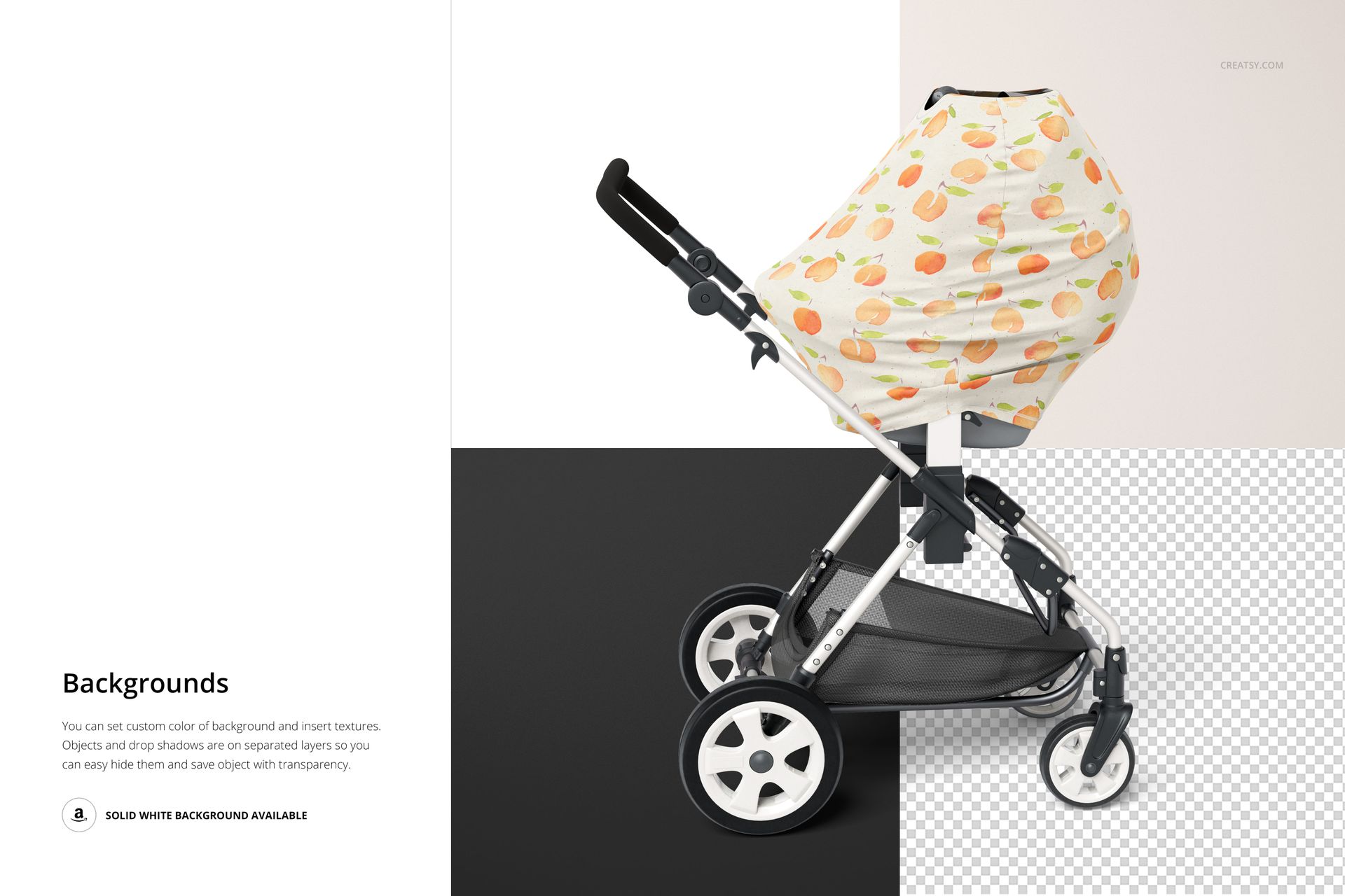 Multi-use cover mockup displayed on a stroller, with fruit design and transparent background section visible.