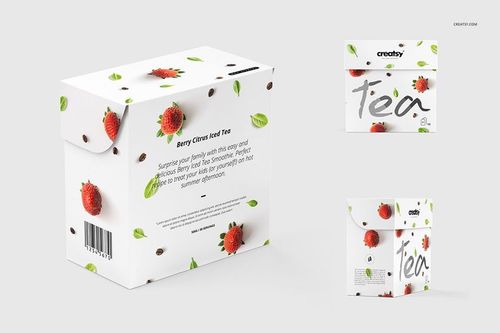 Rectangular tea box mockup with strawberry, leaf, and coffee bean graphics, shown in front and top views on a light background.