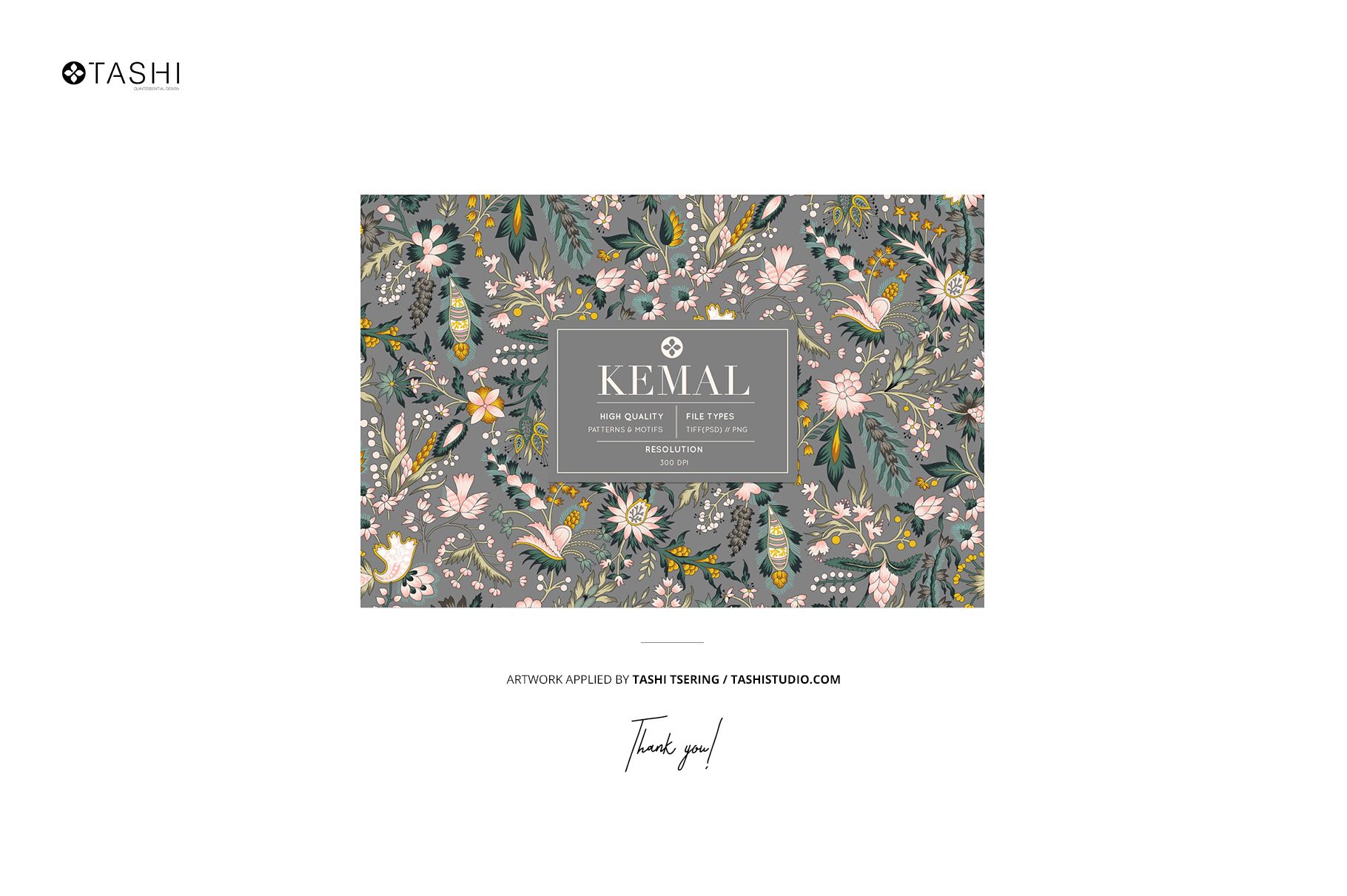 Front view of a paper bag mockup featuring a botanical floral pattern in muted green, yellow, and pink tones.