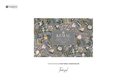 Front view of a paper bag mockup featuring a botanical floral pattern in muted green, yellow, and pink tones.