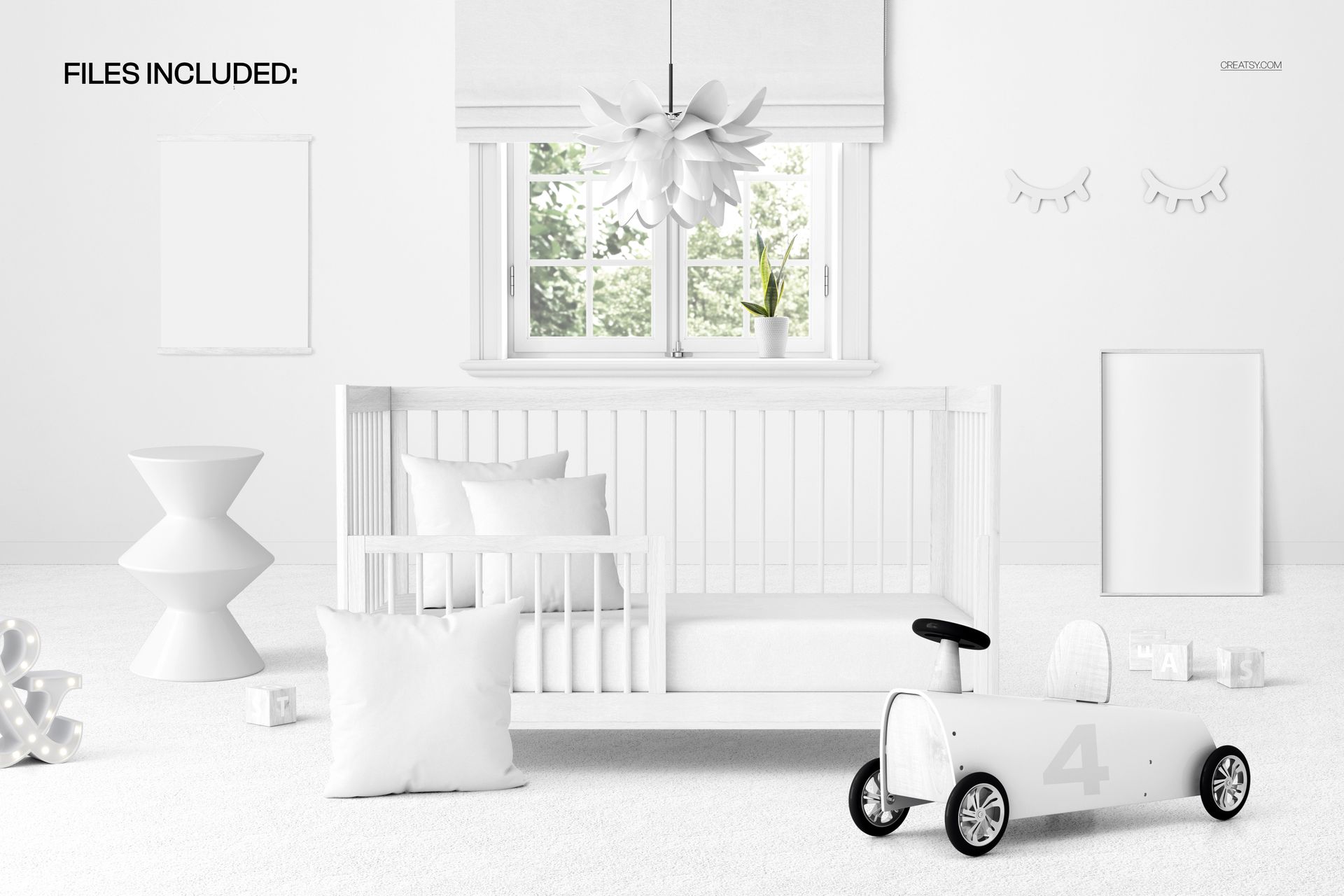 White baby crib in a bright nursery room mockup with window, toy car, pillows, and minimalist decor.