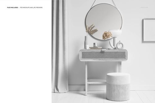 Front view of a minimalist dressing table mockup with round mirror, decorative vase, books, and a soft ottoman in a bright room.