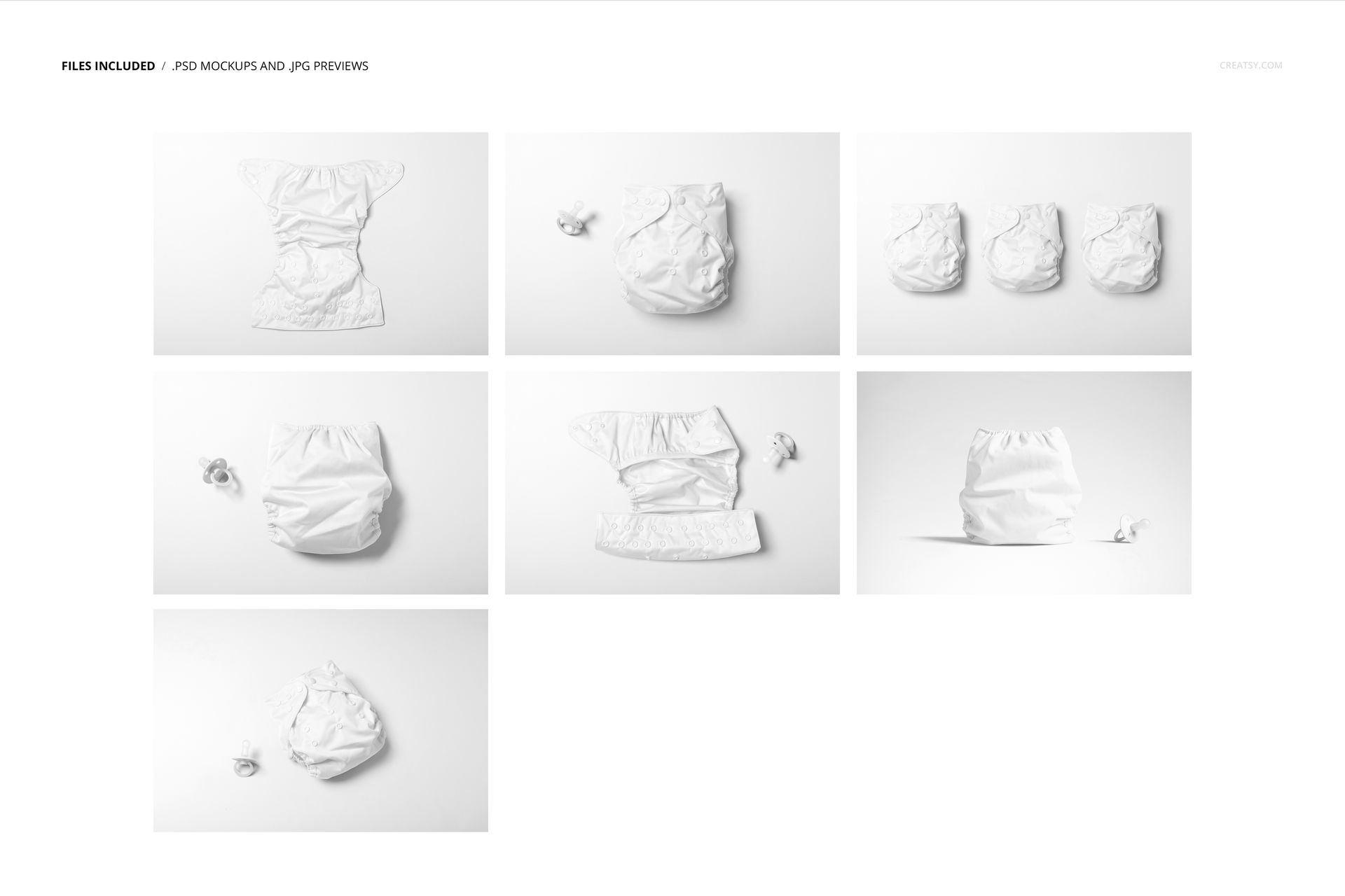 Reusable baby cloth diaper mockup set displayed in various arrangements on a white background, front and top views.