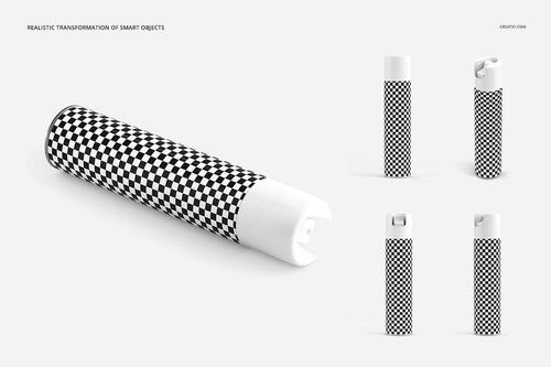 Set of air freshener mockups with cylindrical shape, white caps, and black-and-white checkered pattern on a light background.