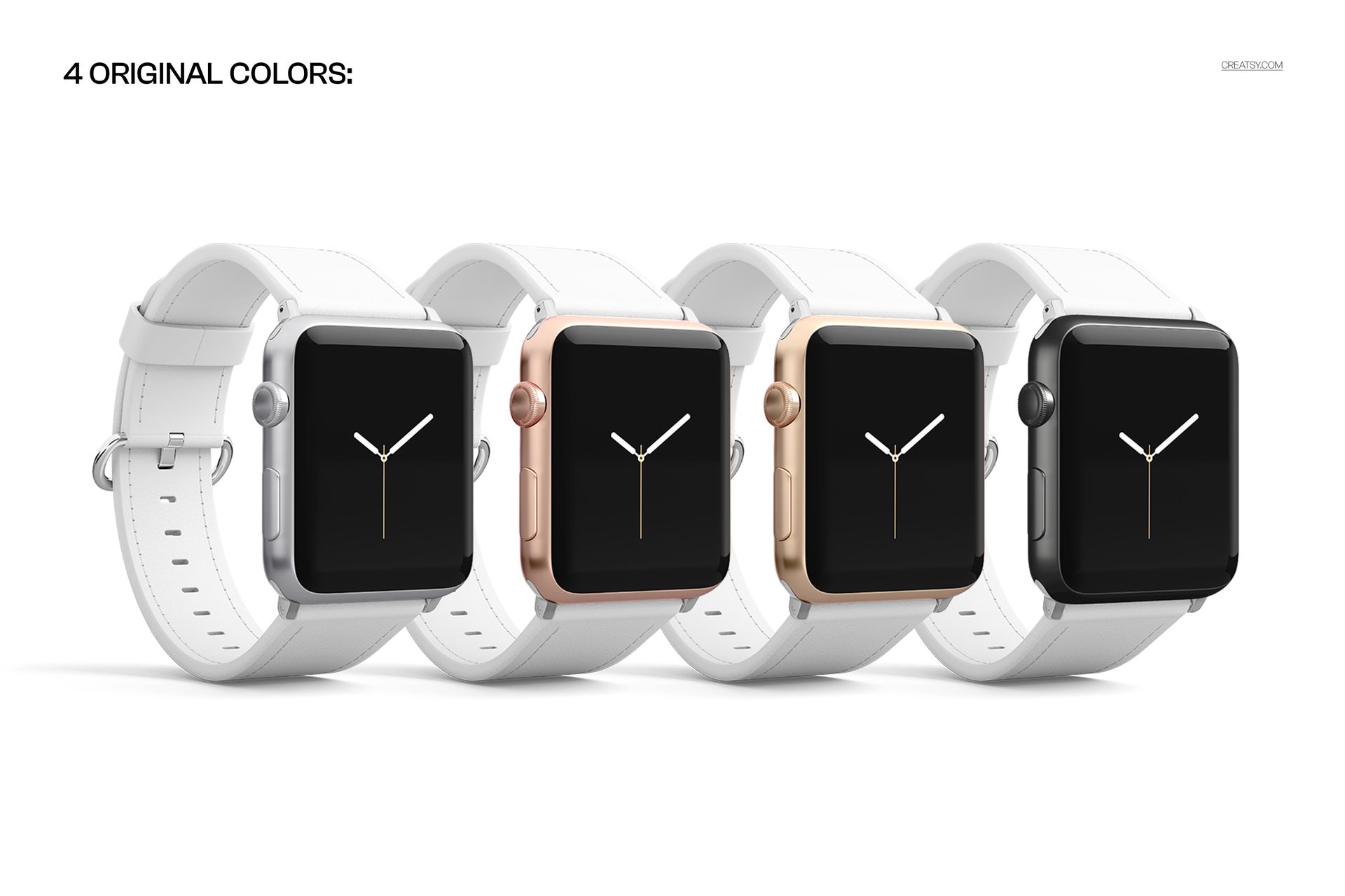 Apple Watch leather band mockup showing four watches with white stitched straps and varied metal cases.