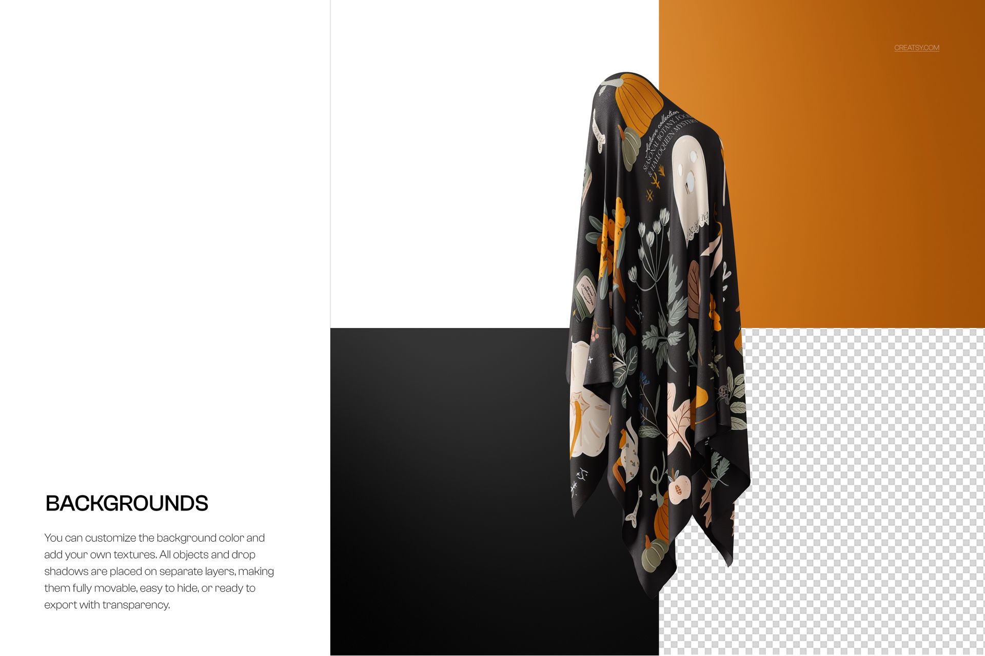 Halloween-themed ghost fabric mockup featuring black cloth with spooky patterns, shown in a front perspective.