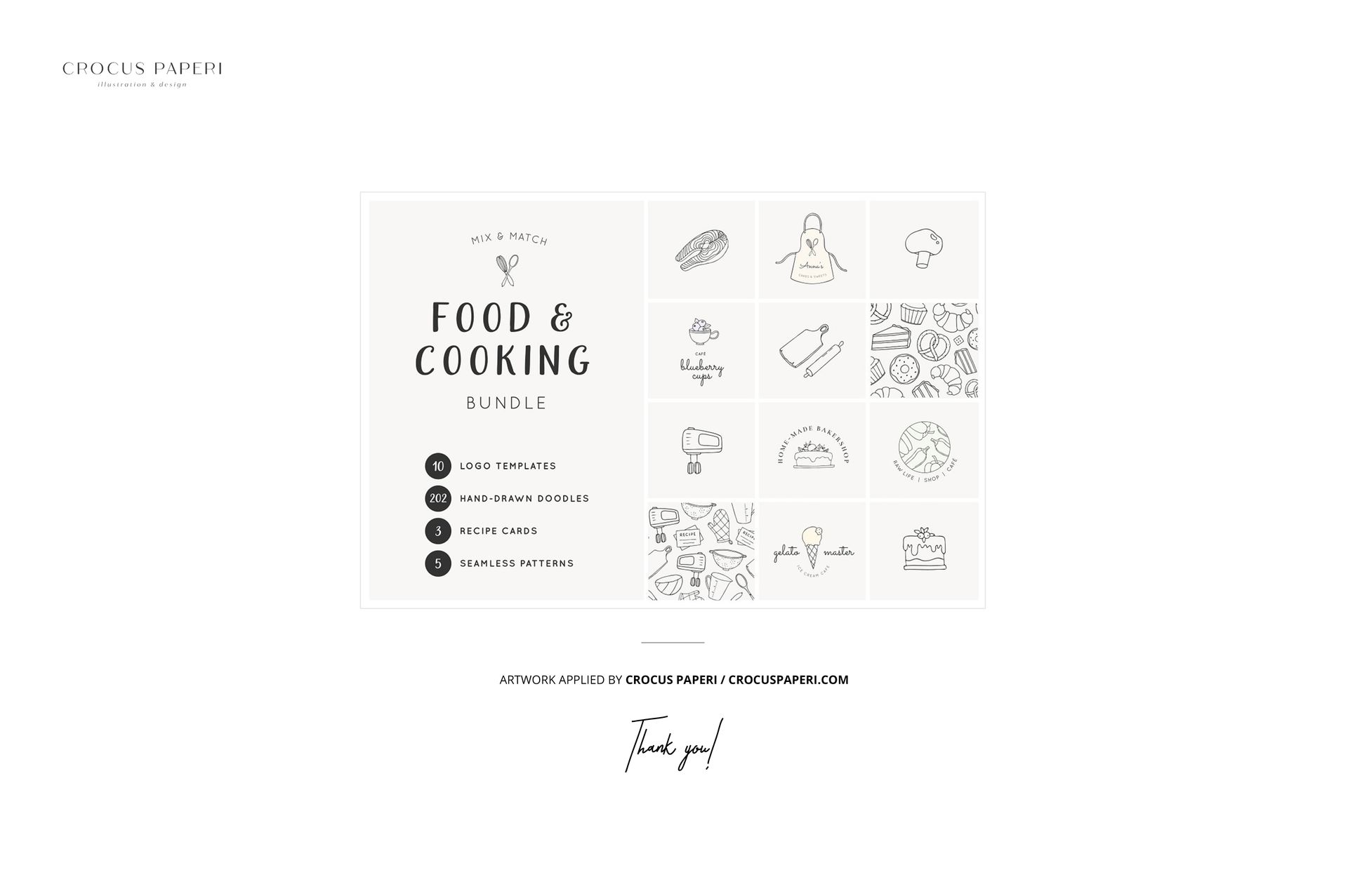 Front view of a food safe paper mockup featuring ice cream-themed hand-drawn doodles and cooking icons on a white background.