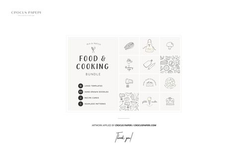 Front view of a food safe paper mockup featuring ice cream-themed hand-drawn doodles and cooking icons on a white background.