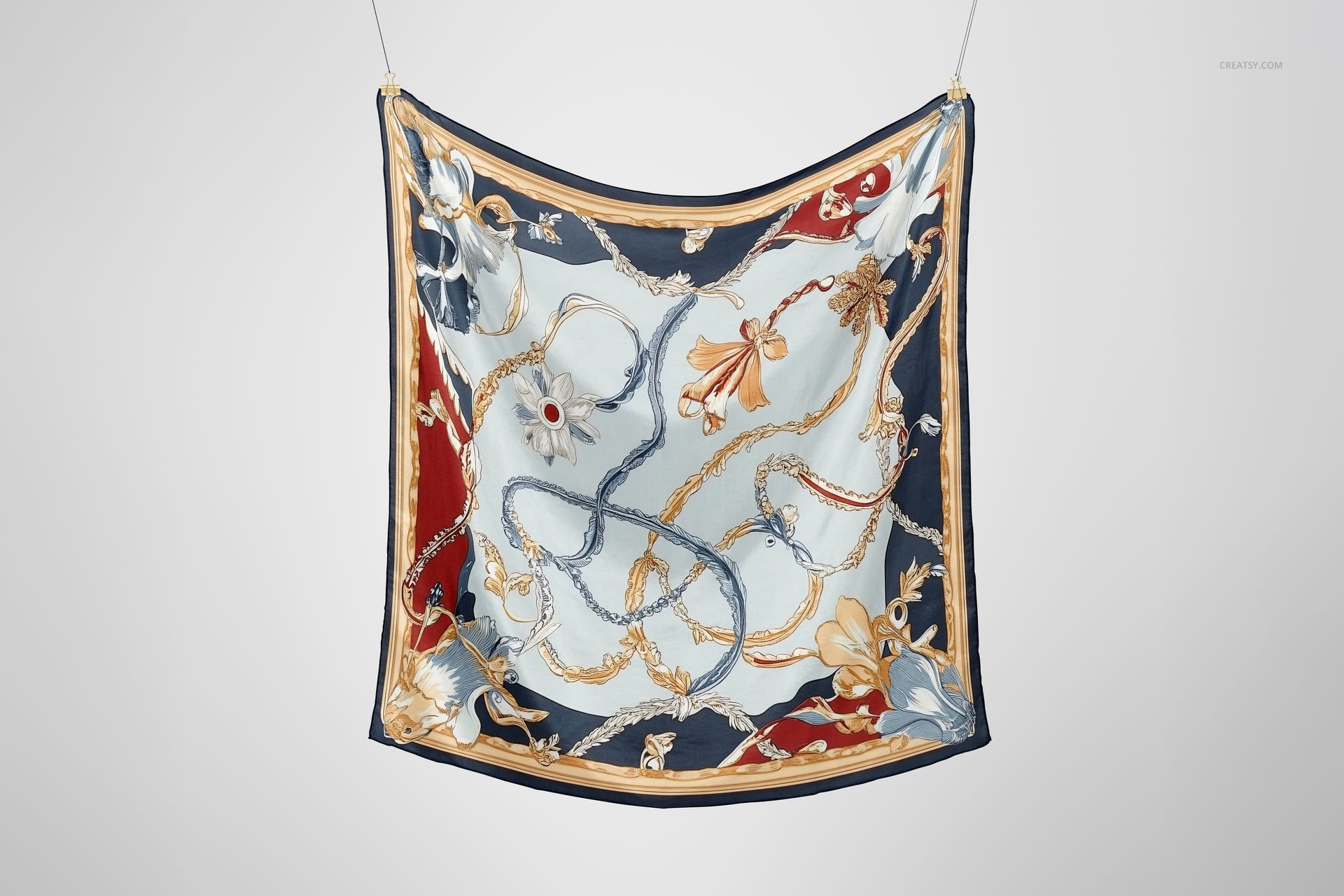 Square silk scarf mockup featuring intricate floral and rope designs in navy, gold, and cream, front view.