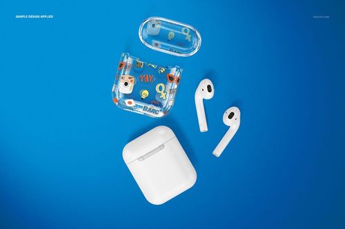 Top view of AirPods clear case mockup set with colorful cartoon design, two AirPods, and white charging case on blue background.
