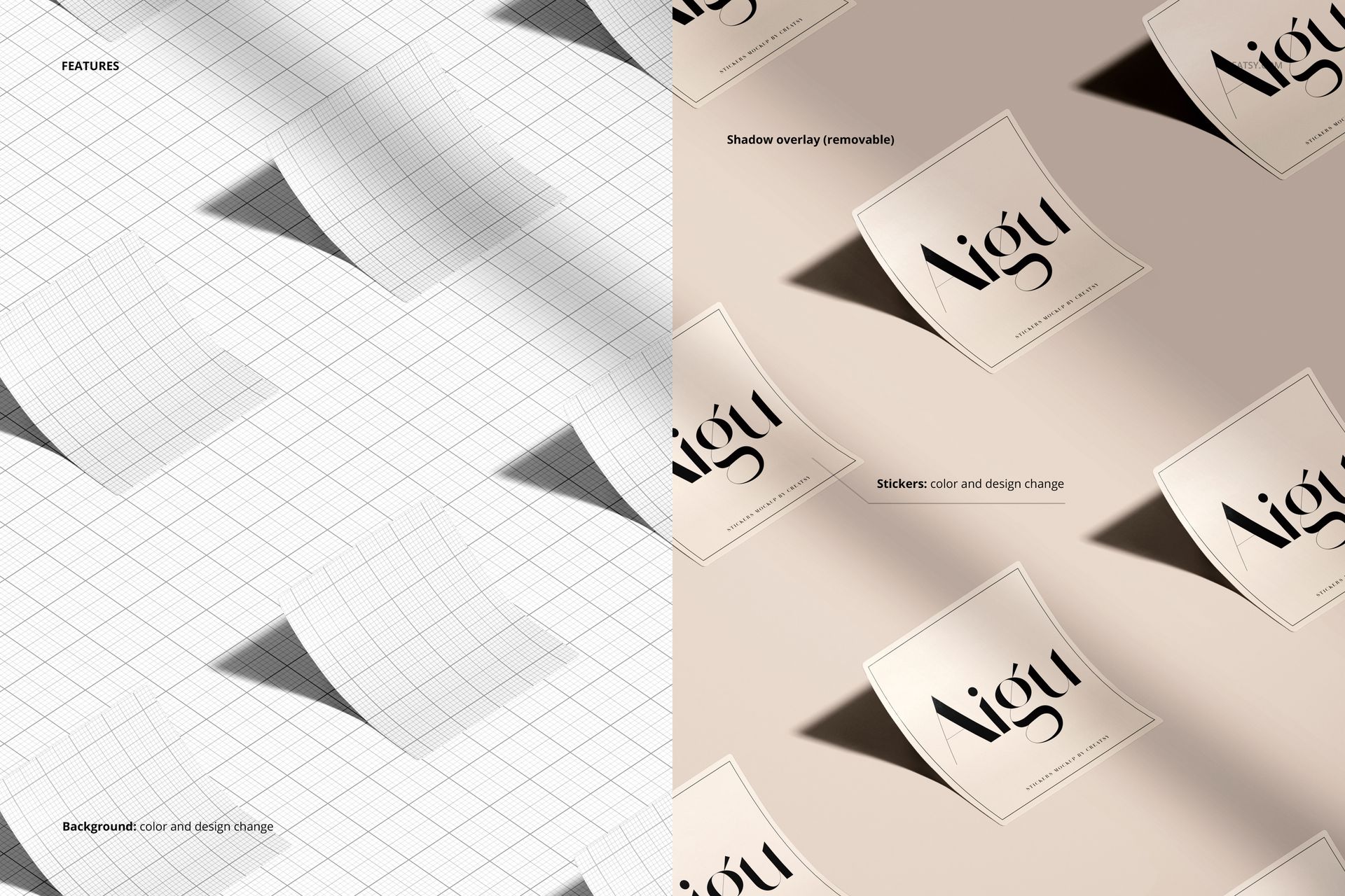 Square stickers mockup featuring multiple stickers with customizable designs, shown on a grid and neutral background.