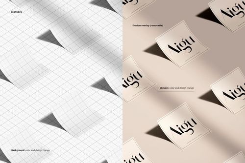 Square stickers mockup featuring multiple stickers with customizable designs, shown on a grid and neutral background.