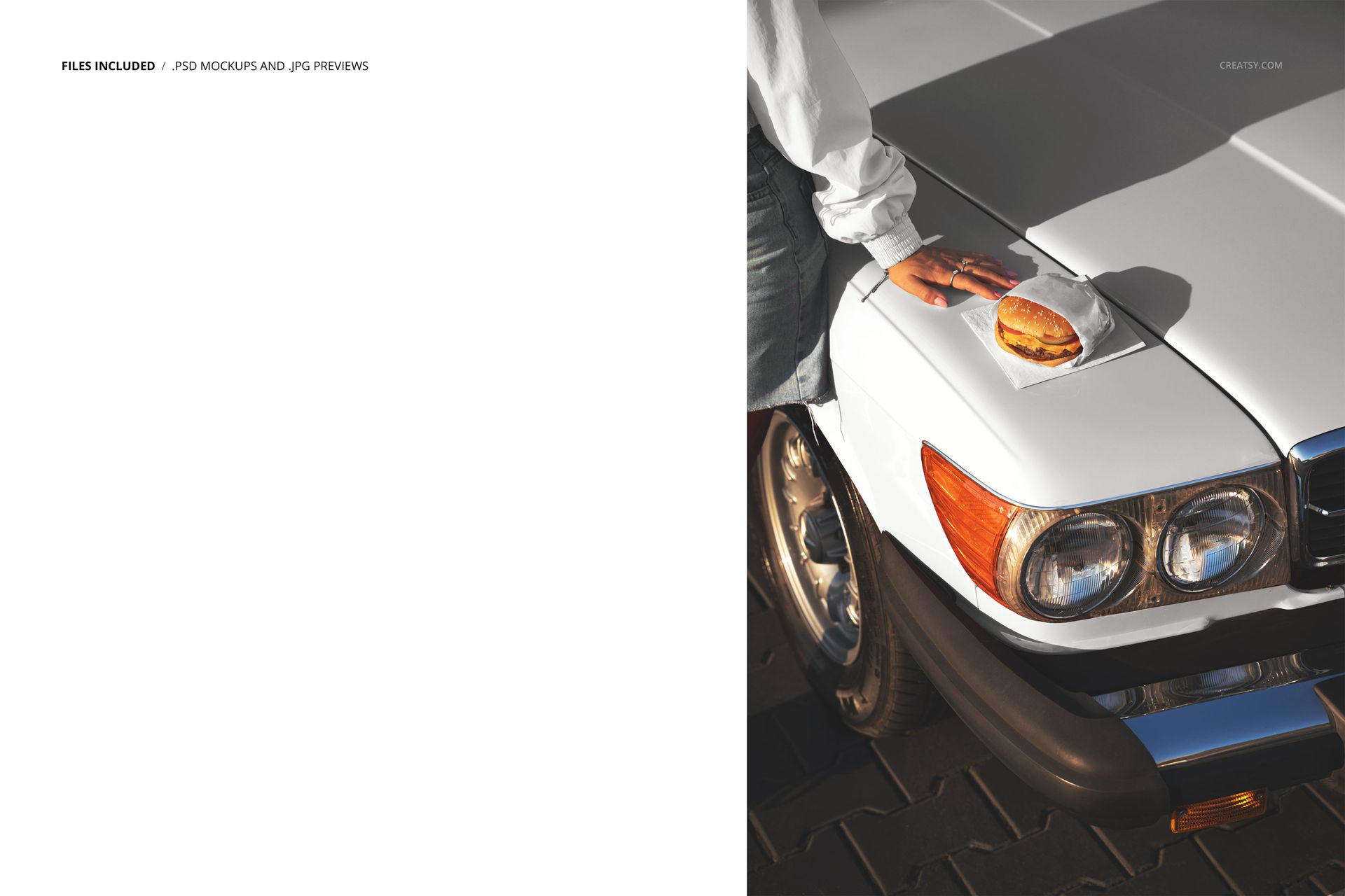 PSD mockup scene featuring a burger and napkin on the shiny hood of a classic car, with visible hand and pavement.