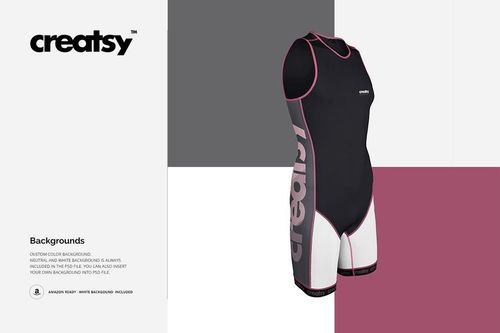 Trisuit PSD mockup featuring sleeveless design in black, white, and pink, shown against color block backgrounds.