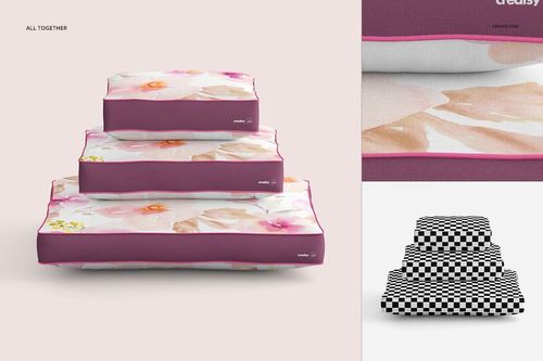 Rectangular pillow mockup set featuring three sizes, pink borders, and soft flower designs, front and side views.