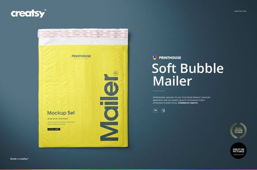Front view of a yellow soft bubble mailer with bold text, displayed on a dark blue background, PSD mockup.