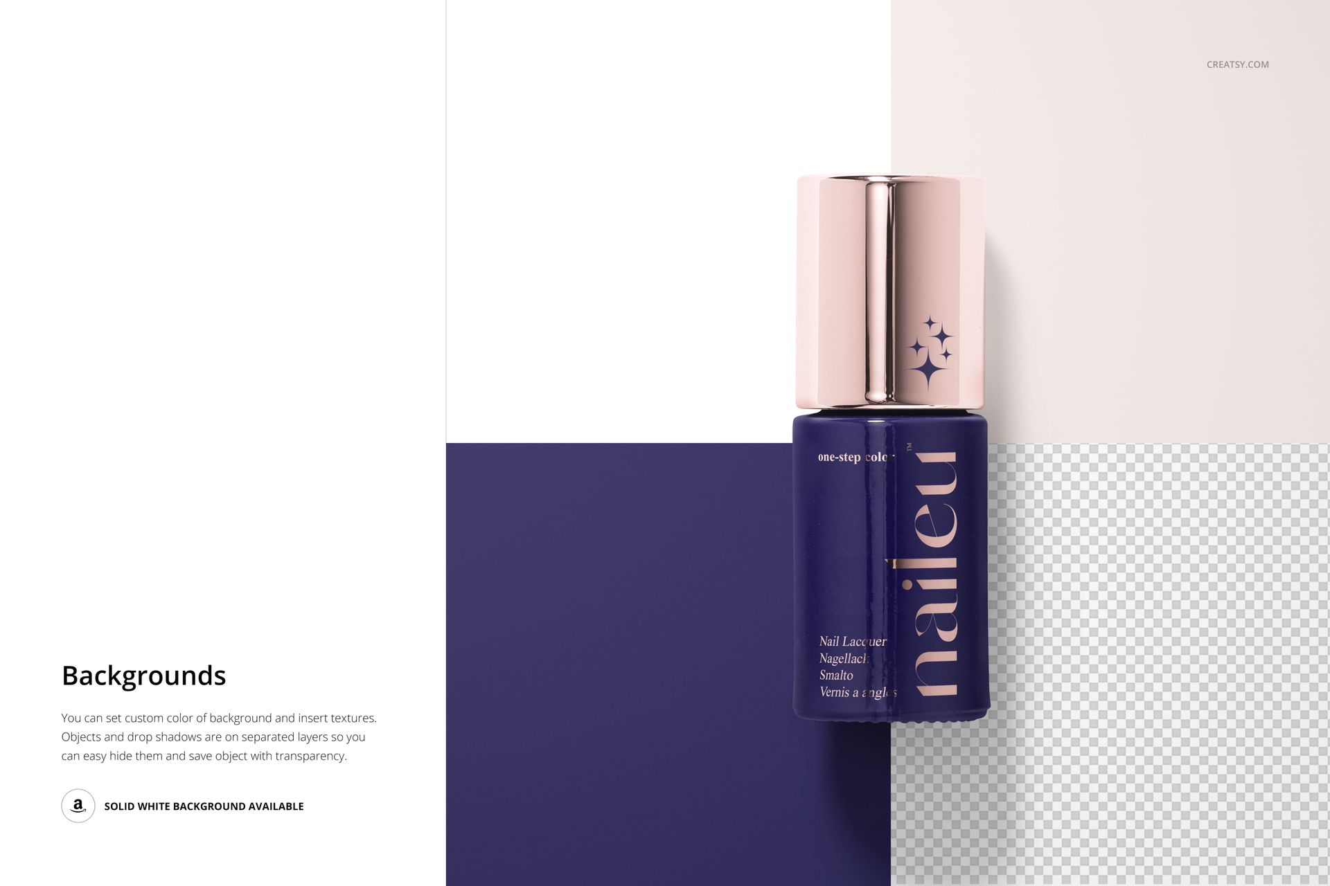 Hybrid nail polish mockup featuring a dark blue bottle with a shiny cap, set against a geometric split background.