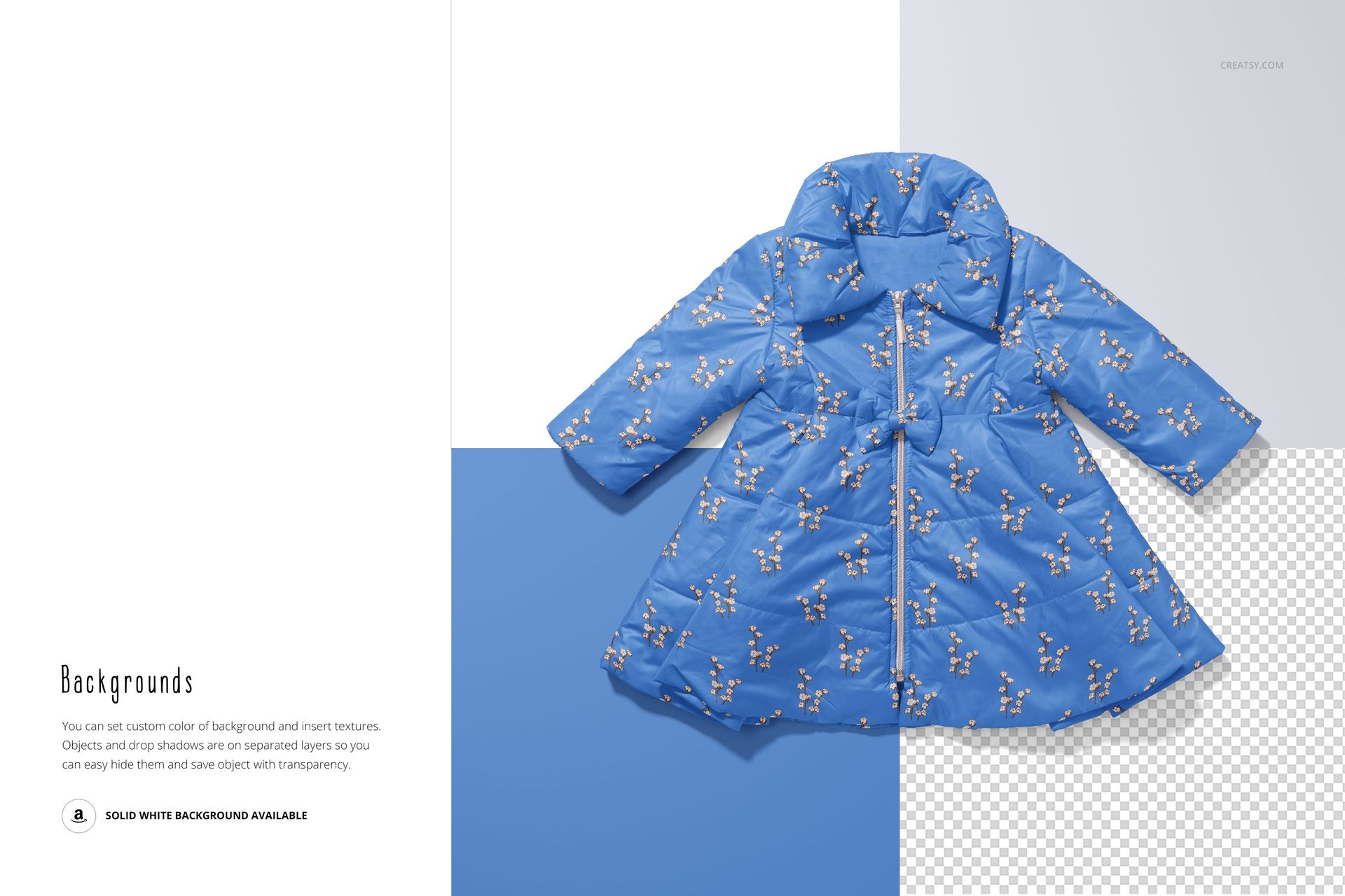 Front view of a blue winter baby coat with a floral pattern, displayed on a split white and blue background mockup.