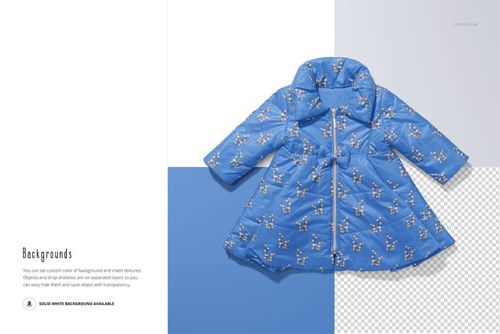 Front view of a blue winter baby coat with a floral pattern, displayed on a split white and blue background mockup.