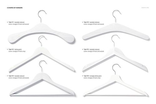 PSD mockup showing six distinct white hangers for apparel, featuring various forms and textures on a plain backdrop.