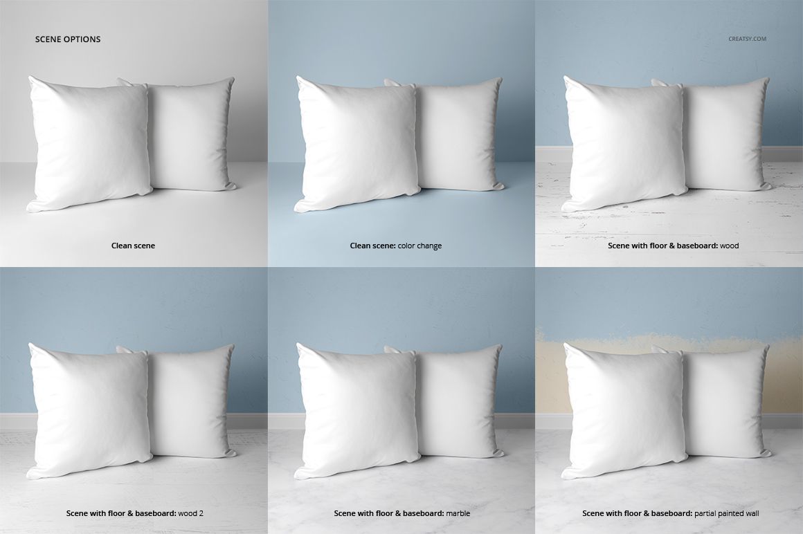 Six mockup scenes featuring two plain white pillows against assorted wall and floor textures, shown from a front view.