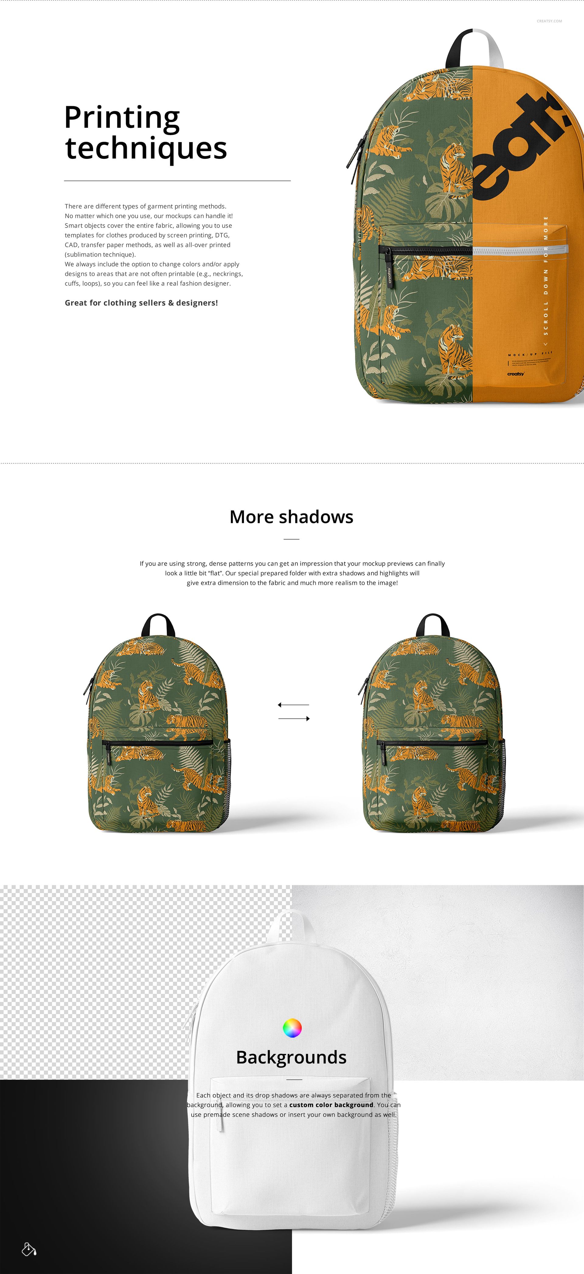 Polyester backpack mockup with a split design, featuring green tropical leaf pattern and solid mustard yellow section, front view.