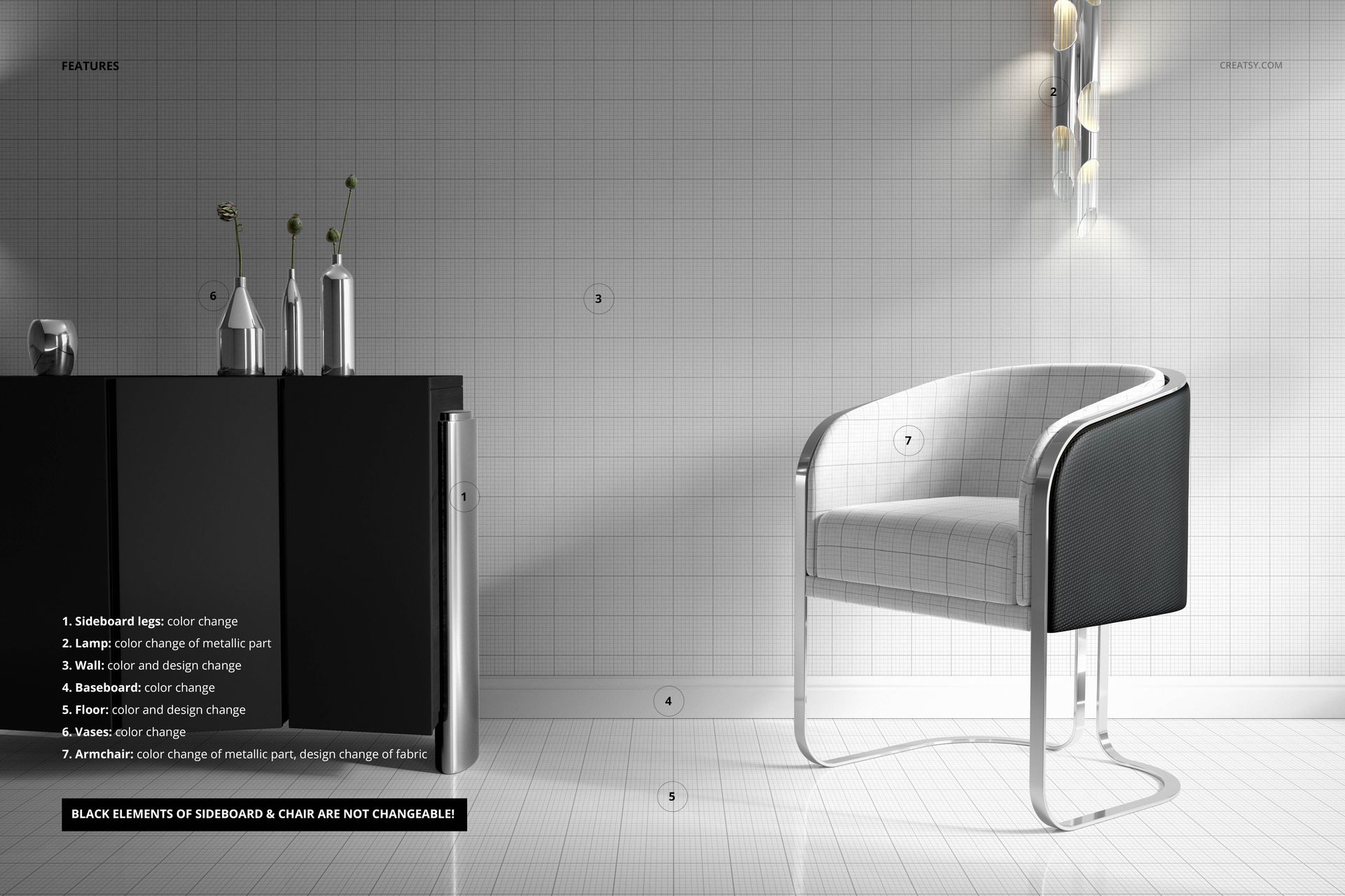 Sideboard and Luxury Velvet Living Room Chair Mockup - mockup screenshot 3