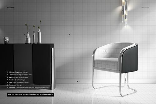 Contemporary PSD mockup featuring a sleek sideboard and curved velvet chair against a tiled wall, soft lighting.
