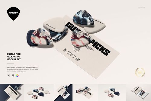 Front view of assorted guitar picks with abstract designs displayed on a beige card, part of a packaging mockup set.