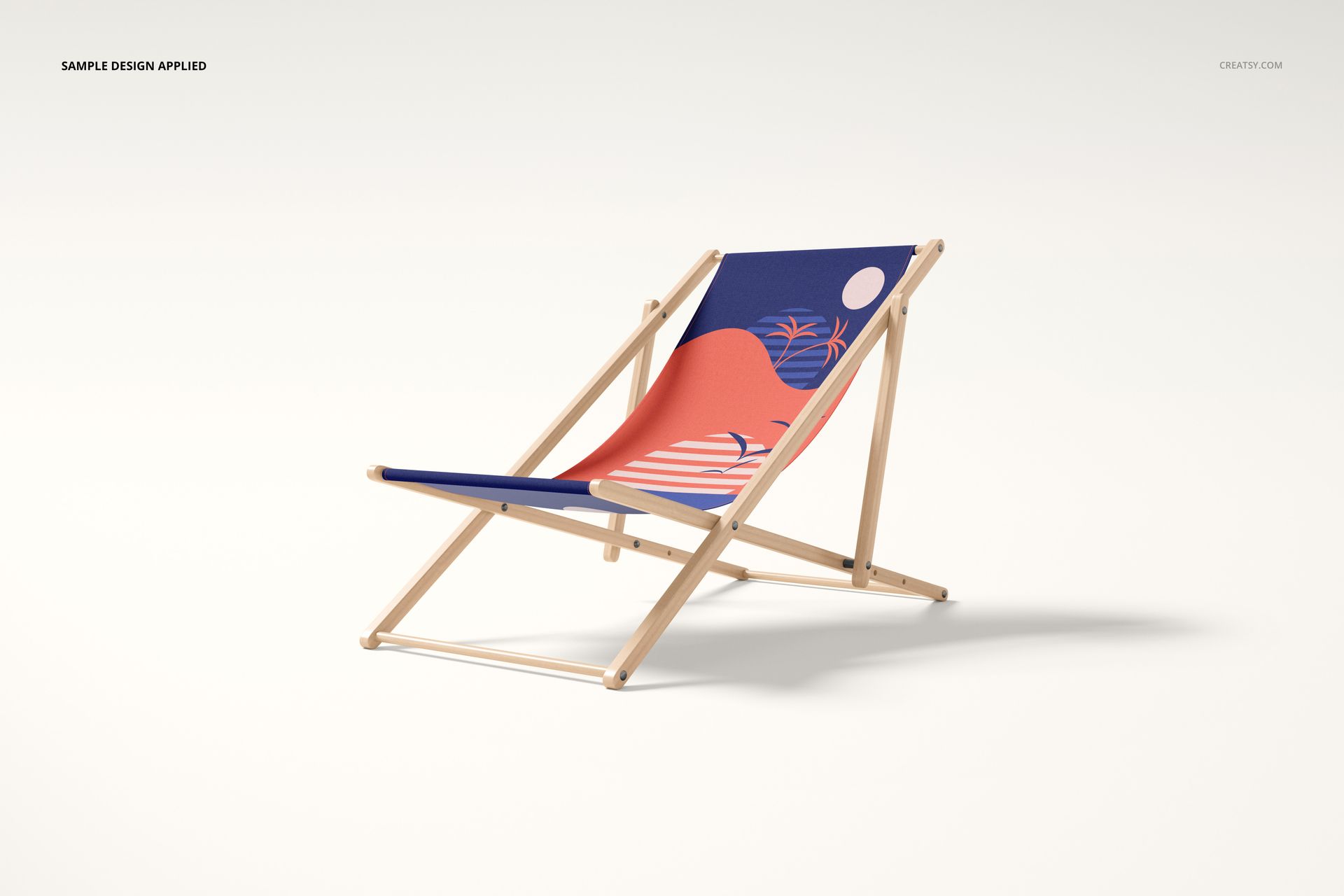 Mockup of a folding deck chair with light wood frame and printed fabric in blue, orange, and pink tones on white background.