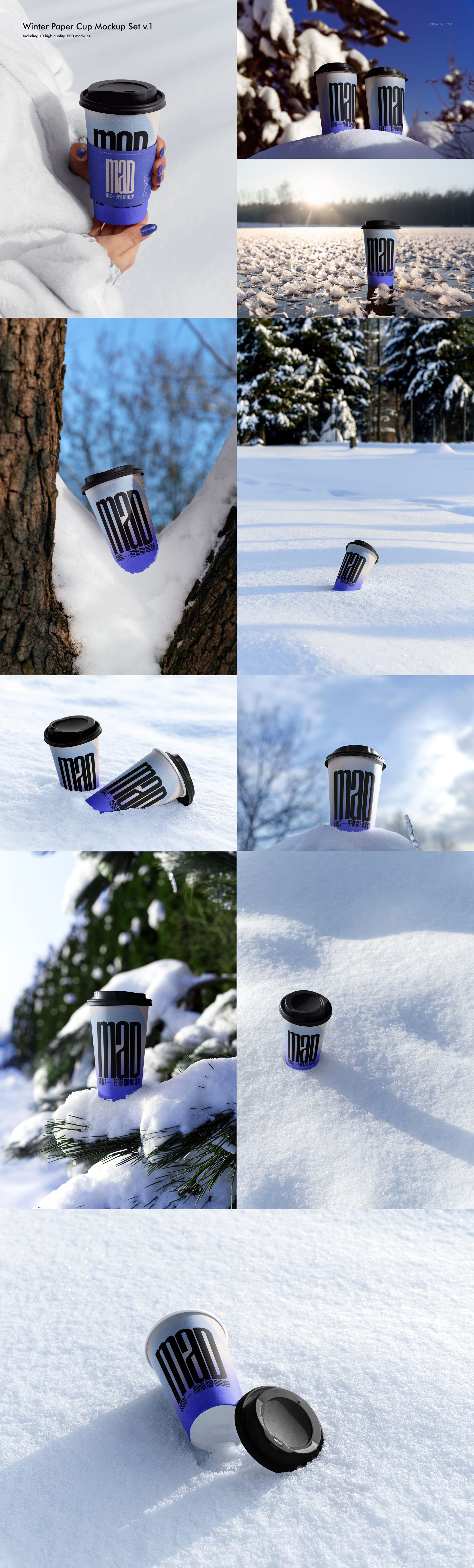 Mockup of a paper cup featuring a black lid and modern blue pattern, placed in snowy landscapes and forest settings.