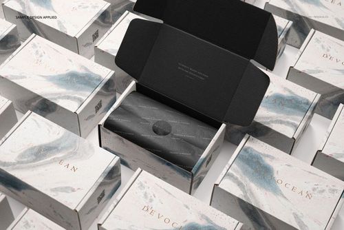 PSD mockup set displaying assorted mailing boxes with soft pastel marble designs, one box open to show inner wrapping.