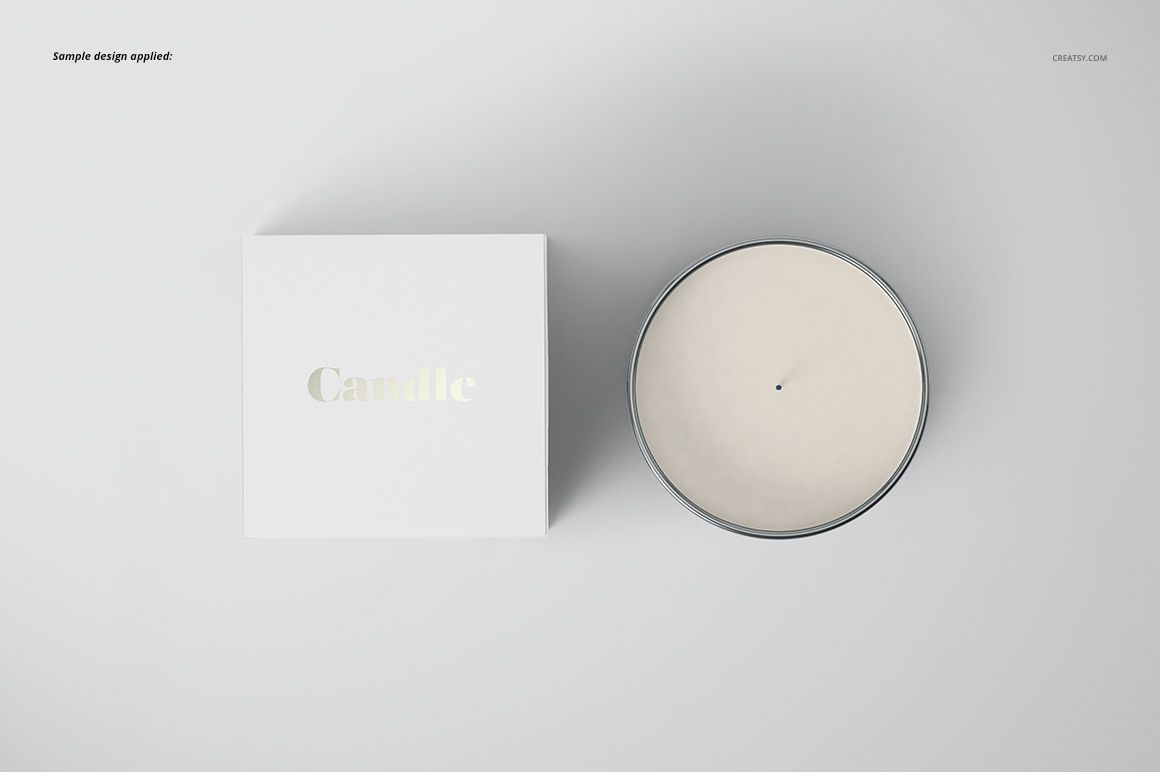 Classic candle mockup featuring a round glass jar and a white box with metallic text, displayed from above.