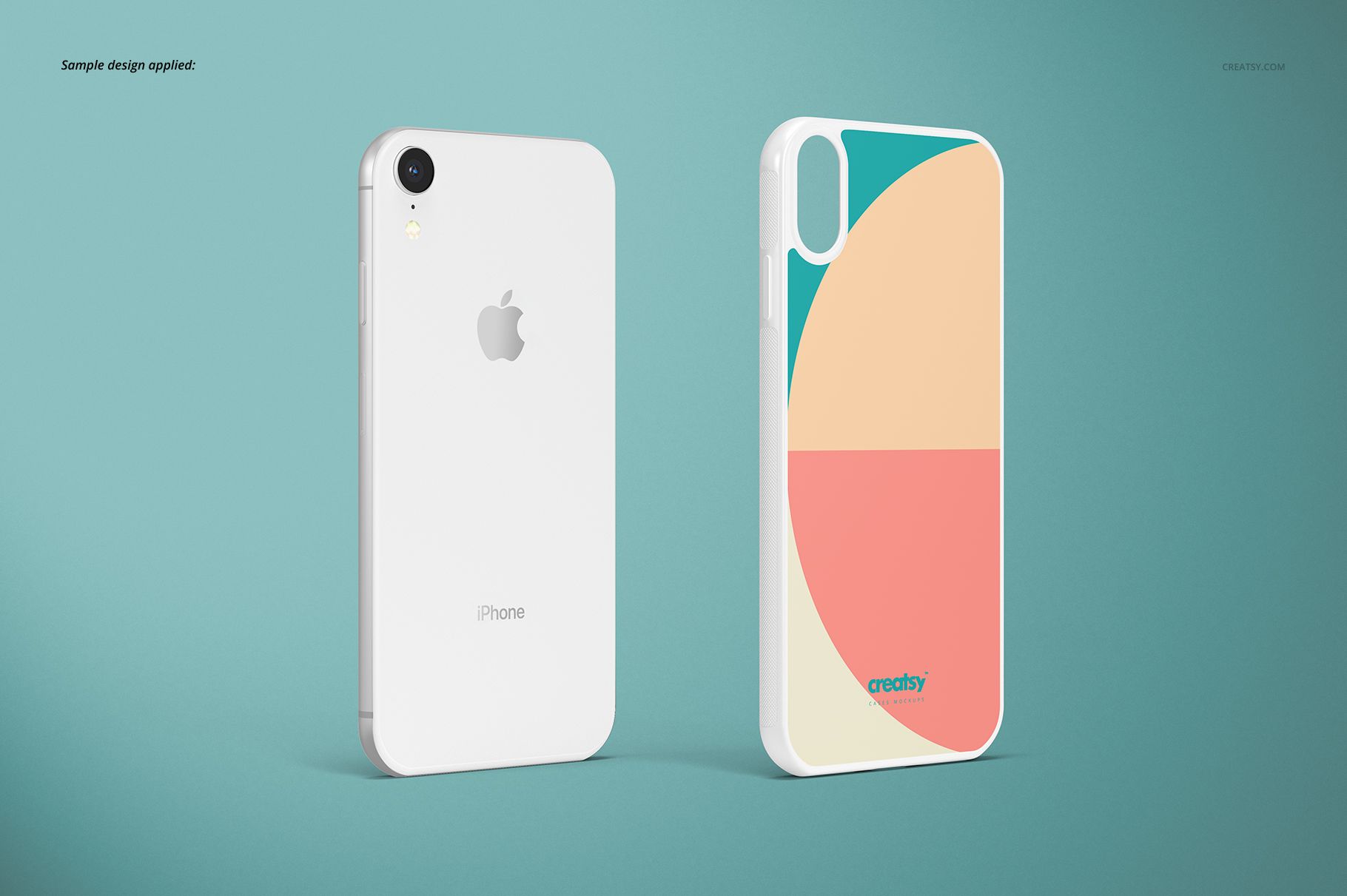 White iPhone XR 2D case mockup showing plain back and colorful geometric design, displayed on a teal surface.