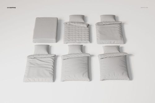 Top view of six German and Austrian bedding sets in light gray fabric, each with a pillow and subtle grid pattern.